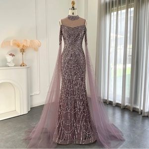 Mermaid purple luxury dress with cape sleeves